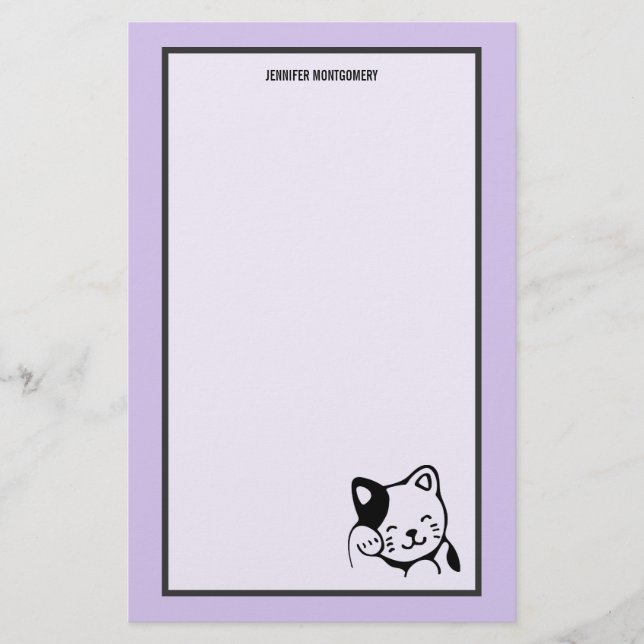 Cute Black and White Kitty Cat Waving Hello Stationery (Front)