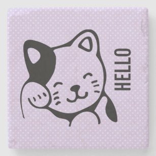 Cute Black and White Kitty Cat Waving Hello Stone Coaster