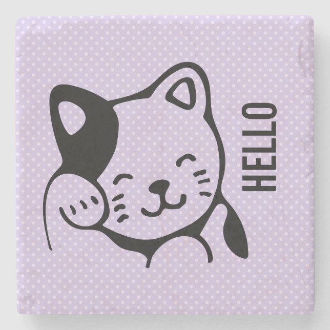 Cute Black and White Kitty Cat Waving Hello Stone Coaster (Front)