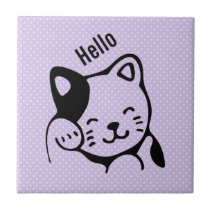 Cute Black and White Kitty Cat Waving Hello Tile