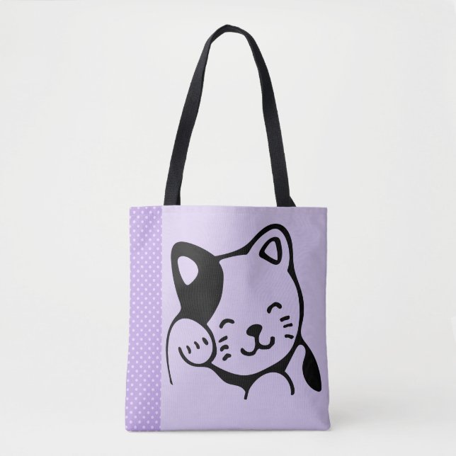 Cute Black and White Kitty Cat Waving Hello Tote Bag (Front)