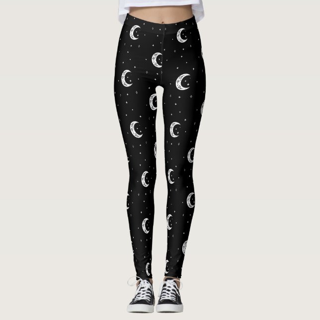Cute Black and White Moons and Stars  Leggings (Front)