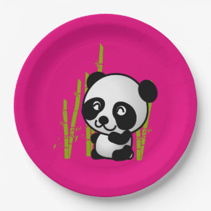 Cute black and white panda bear in a bamboo grove. paper plate