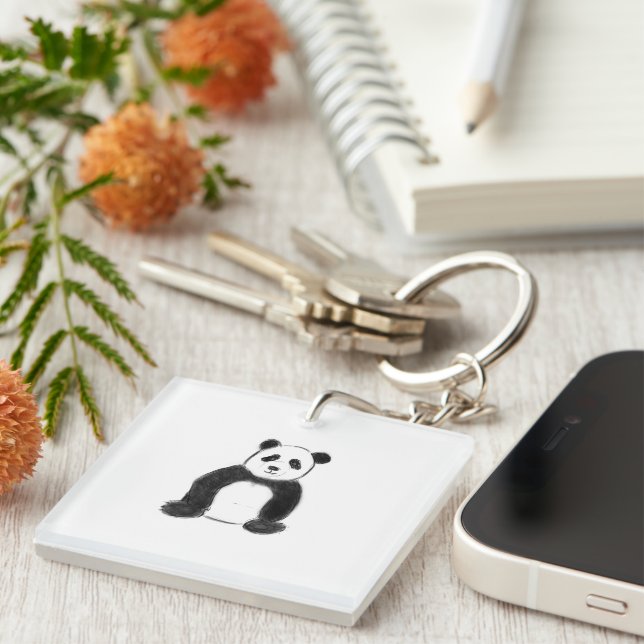 Cute black and white panda sketch key ring (Front Right)