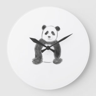 Cute black and white panda sketch large clock