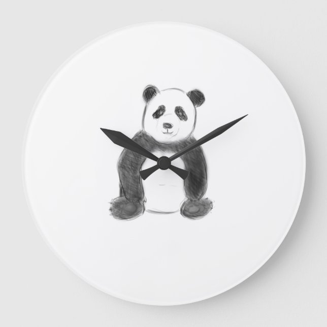 Cute black and white panda sketch large clock (Front)