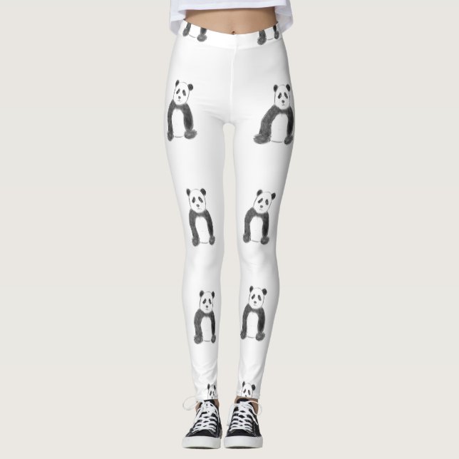 Cute black and white panda sketch leggings (Front)