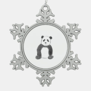 Cute black and white panda sketch snowflake pewter christmas ornament