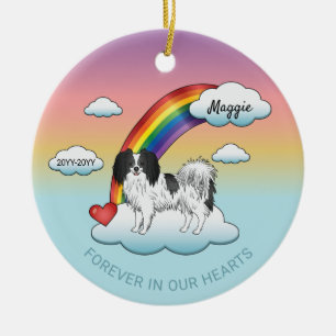 Cute Black And White Phalène Dog Rainbow Memorial Ceramic Tree Decoration