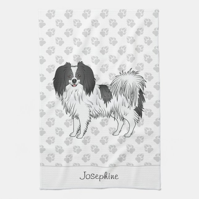Cute Black And White Phalène Dog With Custom Name Tea Towel (Vertical)