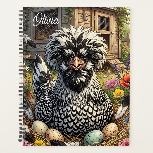 Cute Black and  White Polish Chicken Personalised Planner (Front)