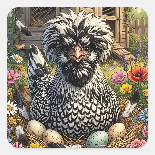 Cute Black and  White Polish Chicken Square Sticker (Front)
