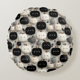 Cute Black and White Pumpkin Fall Pattern Round Cushion