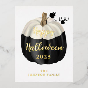 Cute Black And White Pumpkin Happy Halloween Gold  Foil Holiday Postcard