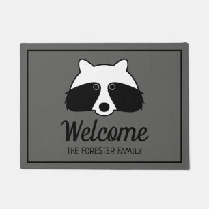 Cute black and white raccoon personalized welcome doormat