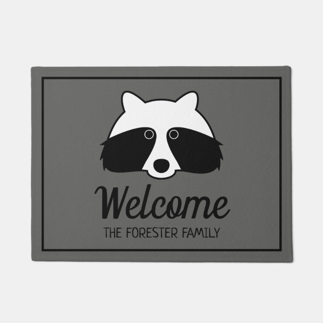 Cute black and white raccoon personalized welcome doormat (Front)