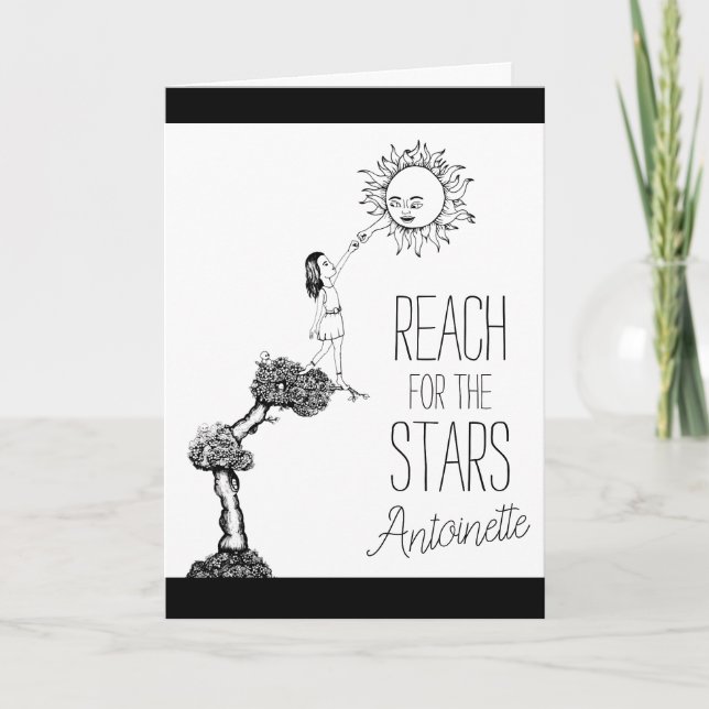 Cute Black and White Reach for the Stars Good Luck Card (Front)