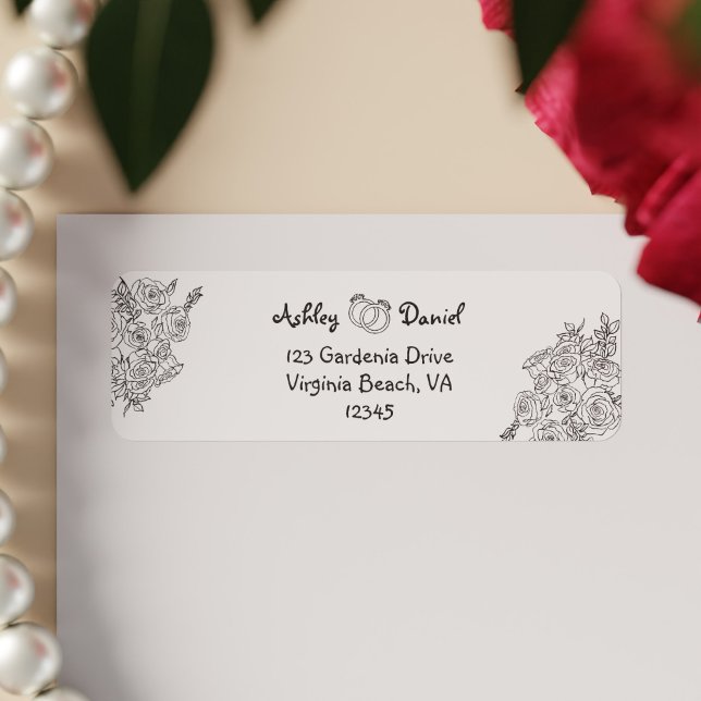 Cute Black and White Simple Floral Doodle Wedding  (Cute Black and White Simple Floral Doodle Wedding Label)