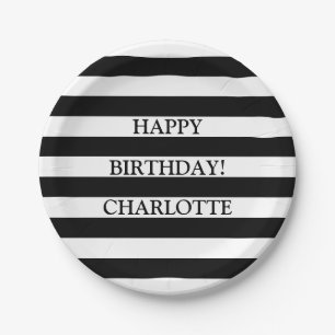 Cute black and white stripes custom name birthday paper plate