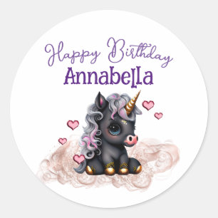 Cute Black Baby Unicorn and Hearts Classic Round Sticker