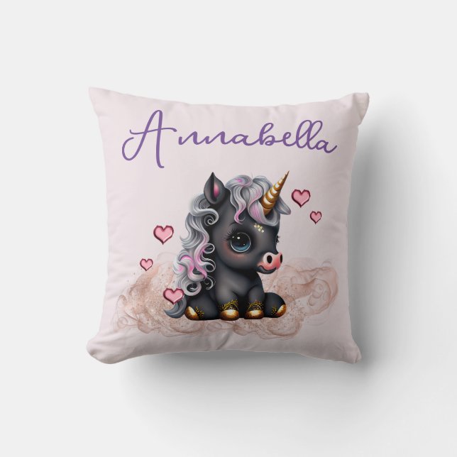 Cute Black Baby Unicorn and Hearts Cushion (Front)
