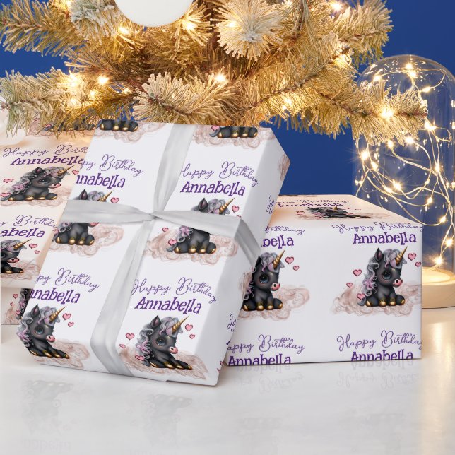 Cute Black Baby Unicorn and Hearts Wrapping Paper (Holidays)