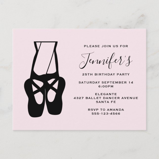 Cute Black Ballet Slippers En Pointe Birthday Invitation Postcard (Front)