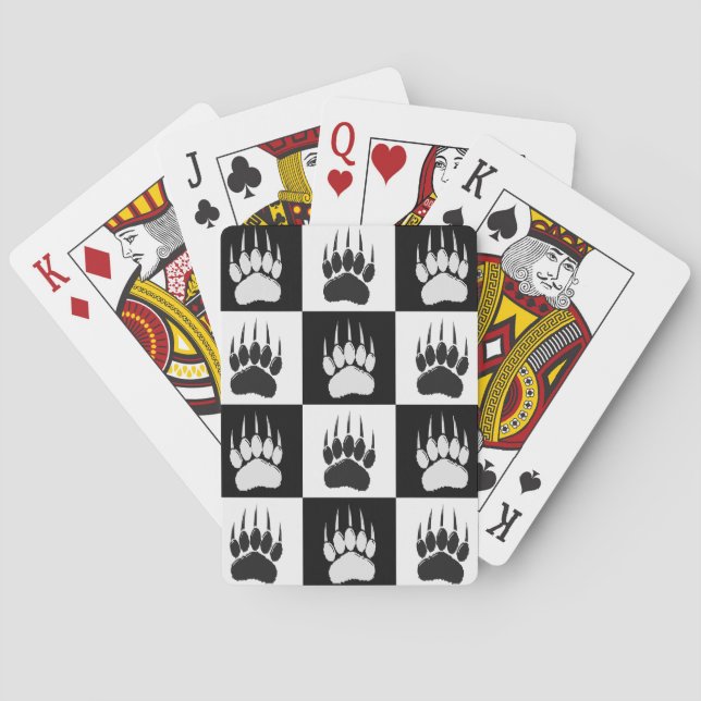Cute Black Bear Paw Print Chequerboard Pattern Playing Cards (Back)