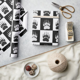 Cute Black Bear Paw Print Chequerboard Pattern Wrapping Paper