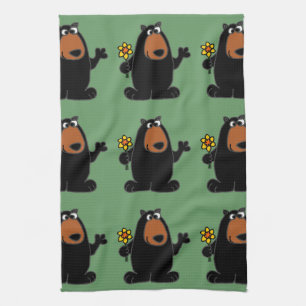 Cute Black Bear with Daffodil Cartoon Tea Towel