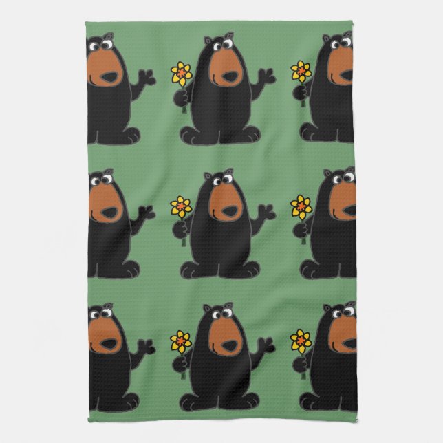 Cute Black Bear with Daffodil Cartoon Tea Towel (Vertical)