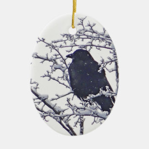 Cute black bird in snowy branches ceramic tree decoration