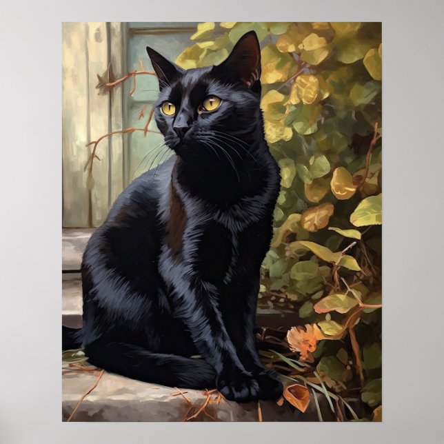 Cute Black Bombay Cat Art Print Poster (Front)