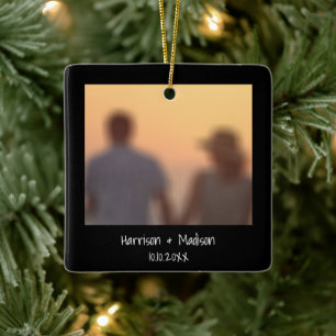 Cute black border custom photo names Christmas  Ceramic Ornament