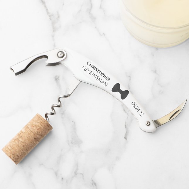 Cute Black Bow Tie & Name Groomsman Wedding Corkscrew (Front)