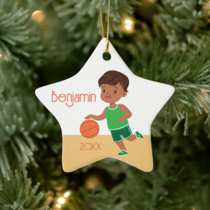 Cute Black Boy Basketball Personalized Christmas C Ceramic Tree Decoration