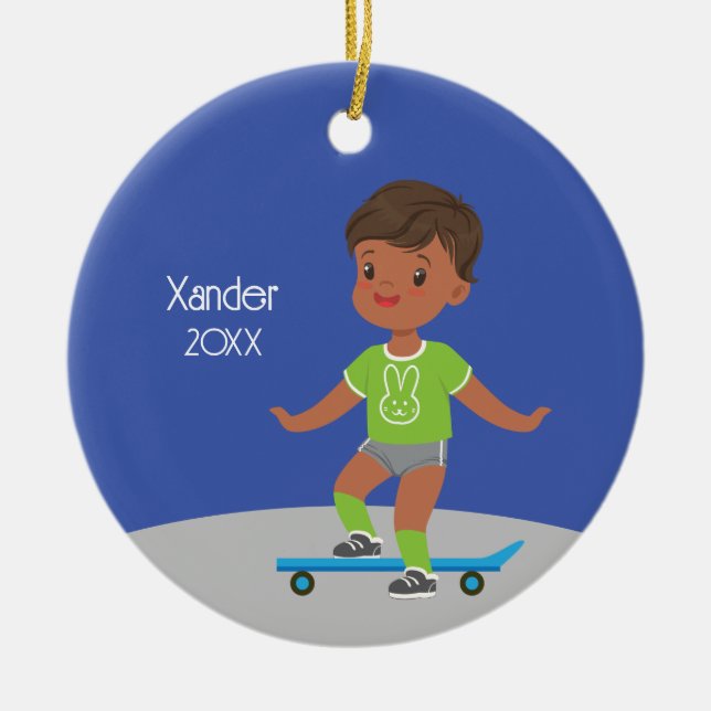 Cute Black Boy Skateboard Ceramic Tree Decoration (Front)