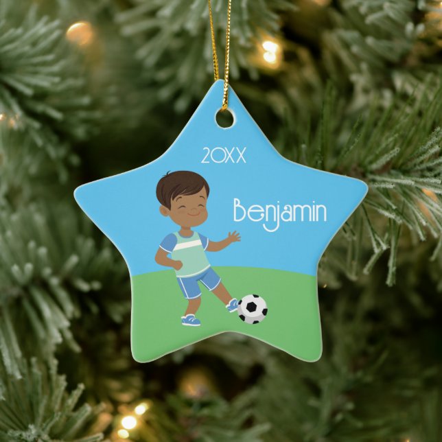 Cute Black Boy Soccer Personalised Christmas Ceramic Tree Decoration (Tree)