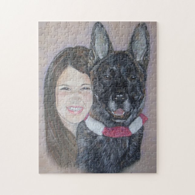 Cute black brindle akita cuddling his best friend jigsaw puzzle (Vertical)
