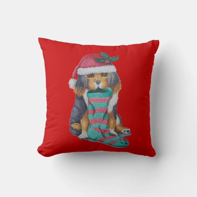 cute black brown puppy dressed for christmas cushion (Front)