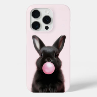 Cute Black Bunny Blowing Pink Bubble Gum iPhone 15 Pro Case