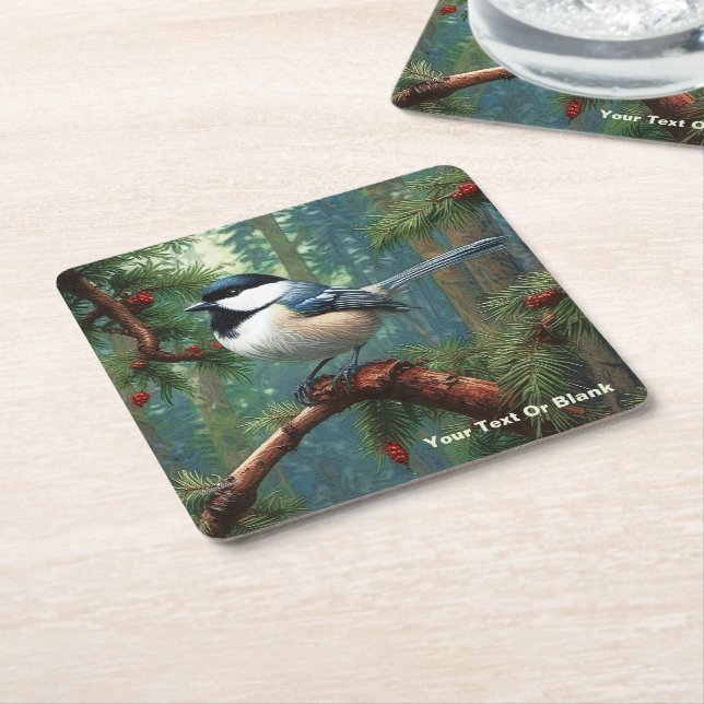 Cute Black-Capped Chickadee Square Paper Coaster (Angled)