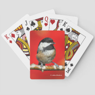Cute Black-Capped Chickadee with Red Autumn Leaves Playing Cards