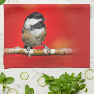Cute Black-Capped Chickadee with Red Autumn Leaves Tea Towel
