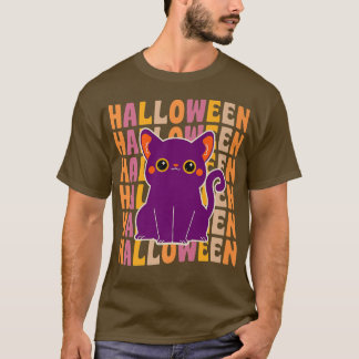 Cute Black Cat 70s 80s Retro Vintage Style Hallowe T-Shirt