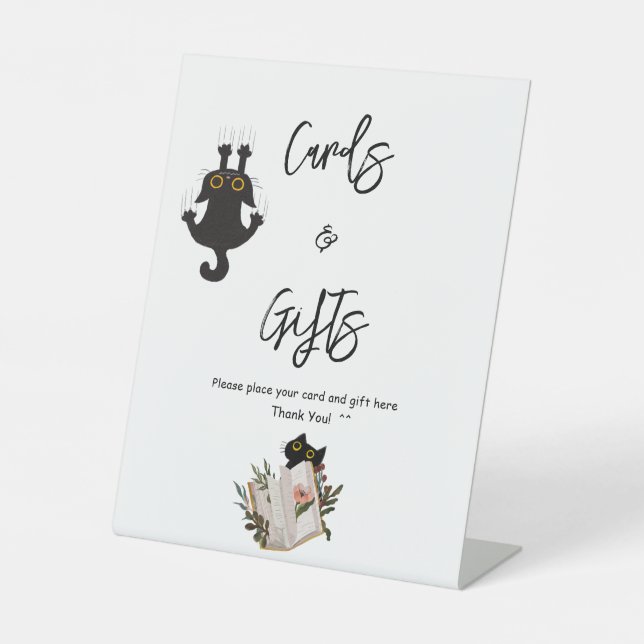 Cute Black Cat and Book Baby Shower Cards & Gifts Pedestal Sign (Front)