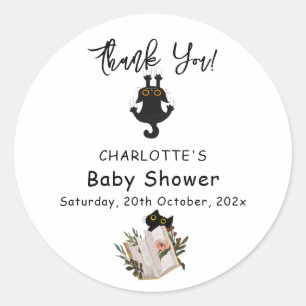 Cute Black Cat and Book Baby Shower Classic Round Sticker