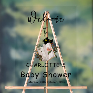 Cute Black Cat and Book Baby Shower Welcome Acrylic Sign