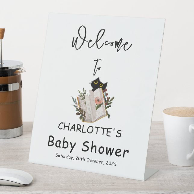 Cute Black Cat and Book Baby Shower Welcome  Pedestal Sign (In SItu)