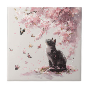 Cute Black Cat and Butterfly Under Pink Sakura Tile
